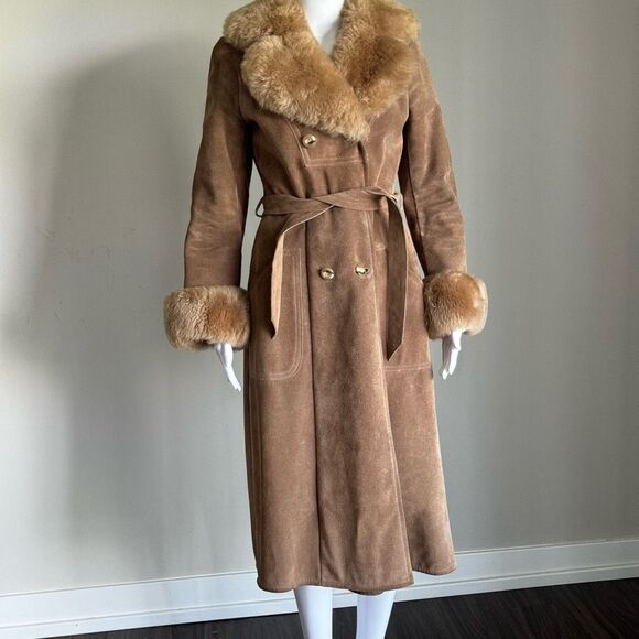 VTG 70’s Penny Lane Almost Famous Suede Shearling Wrap Trench Coat - Picture 3 of 10